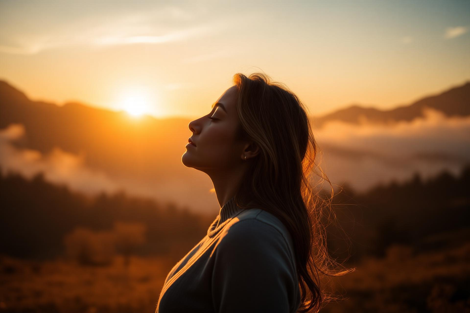 Mujer respirando frente a un amanecer